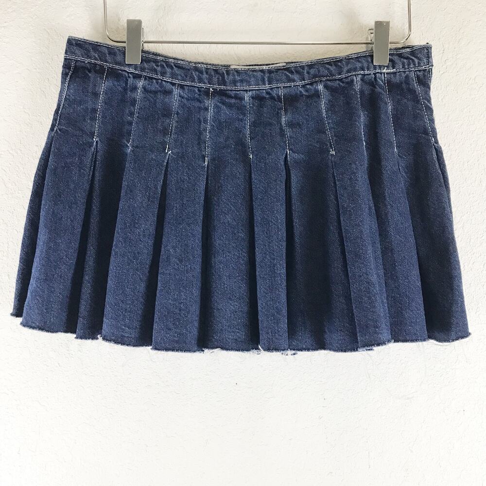Zara Pleated Denim Raw Hem Micro Mini Skirt Side Zip Y2K Style 100% Cotton S